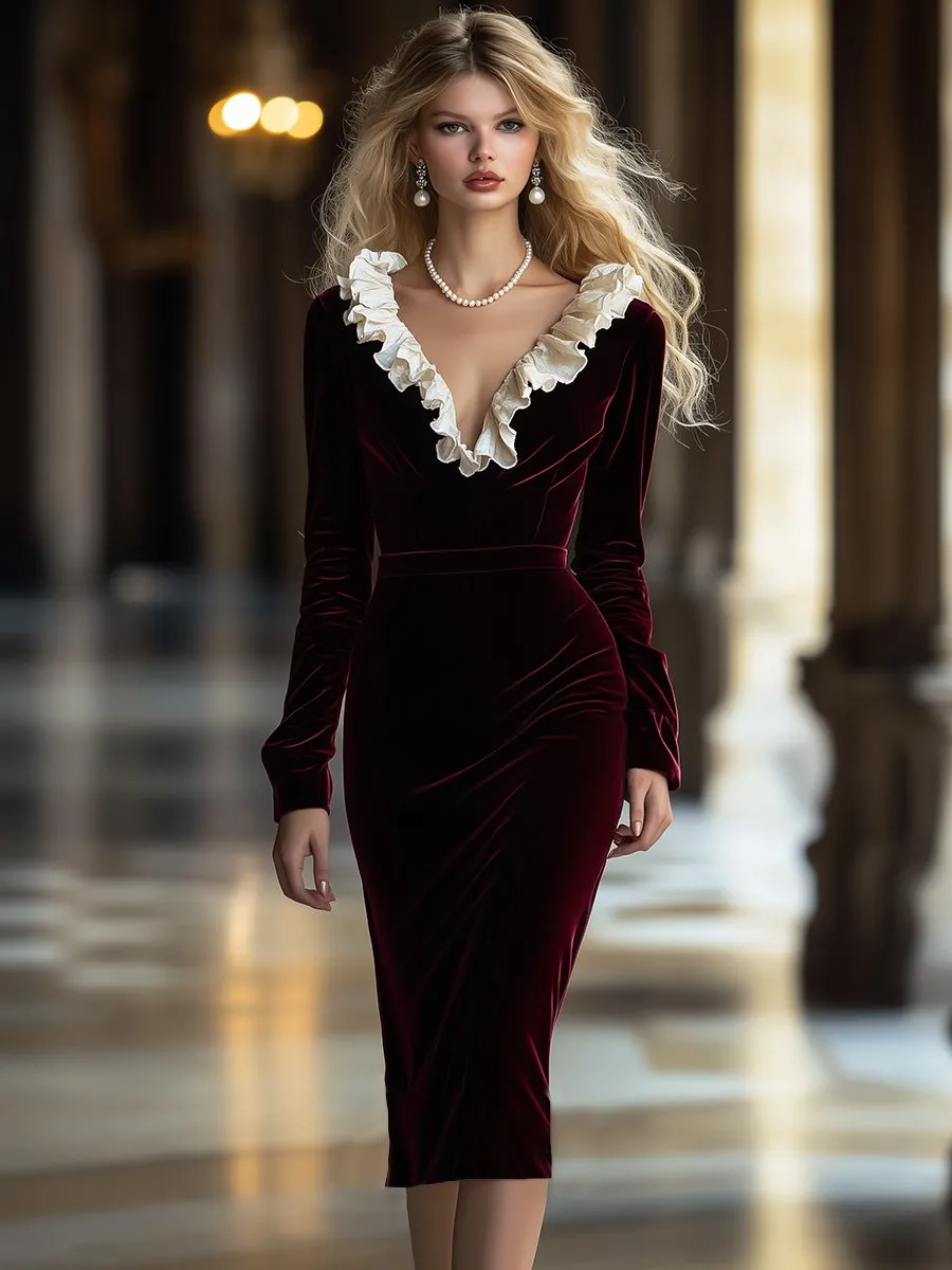 【24-hour shipping】High-End Fashion V-Neck Ruffled Velvet Midi Dress