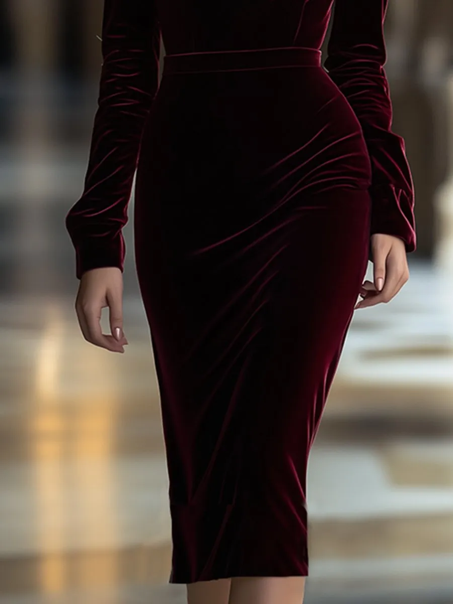 【24-hour shipping】High-End Fashion V-Neck Ruffled Velvet Midi Dress