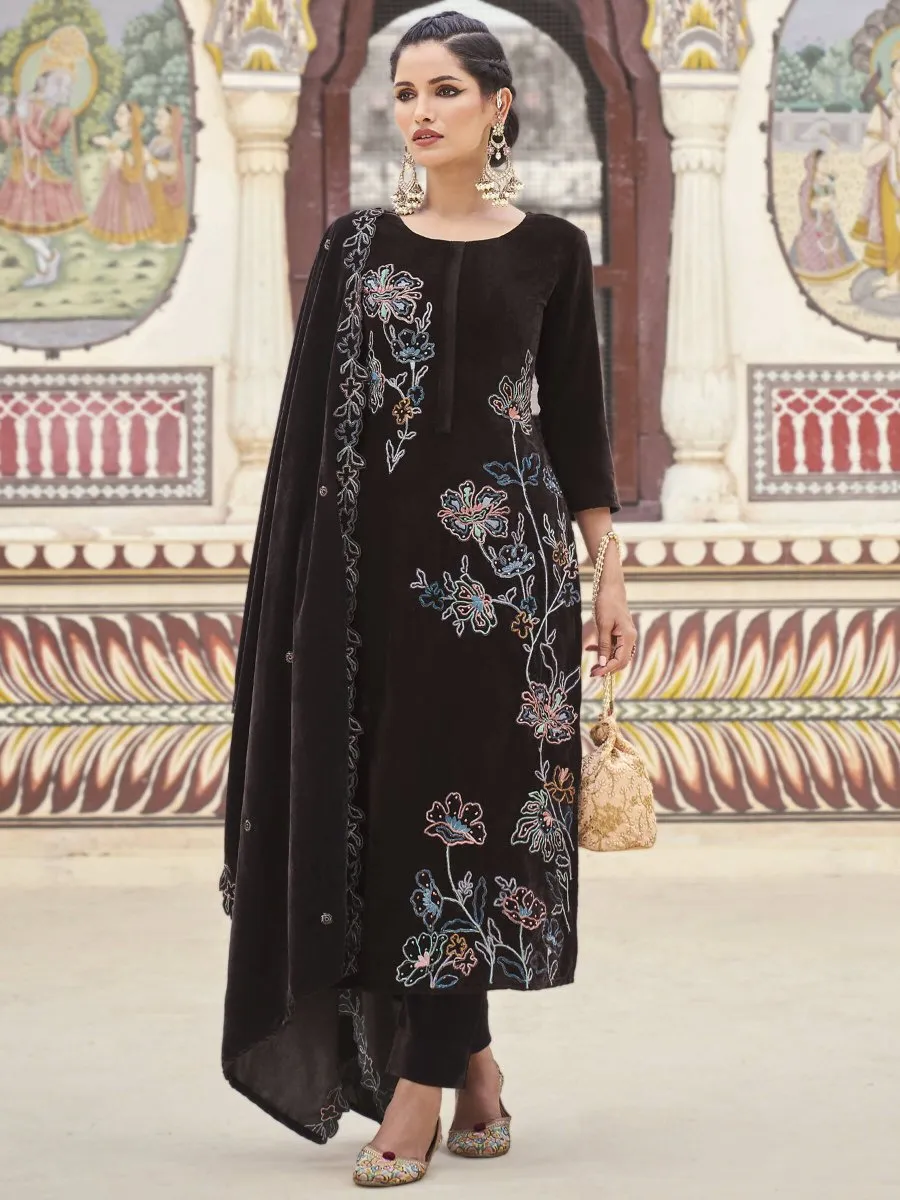 Aastha Fashion Women's Brown Velvet Resham Thread with Jari & Sequin Kurta with Trouser & Dupatta