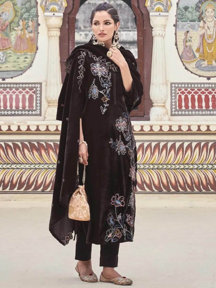 Aastha Fashion Women's Brown Velvet Resham Thread with Jari & Sequin Kurta with Trouser & Dupatta