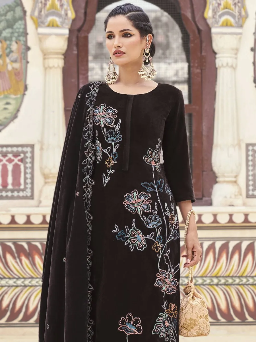 Aastha Fashion Women's Brown Velvet Resham Thread with Jari & Sequin Kurta with Trouser & Dupatta