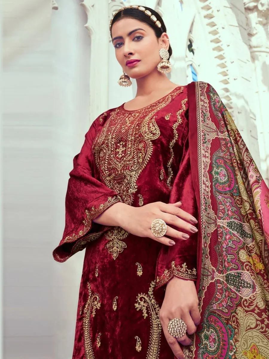 Aastha Fashion Women's Maroon Velvet Cording with Digital Printed Kurta with Trouser & Dupatta
