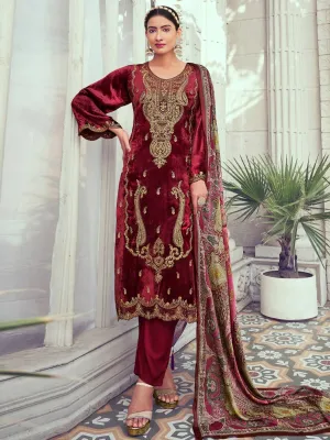 Aastha Fashion Women's Maroon Velvet Cording with Digital Printed Kurta with Trouser & Dupatta