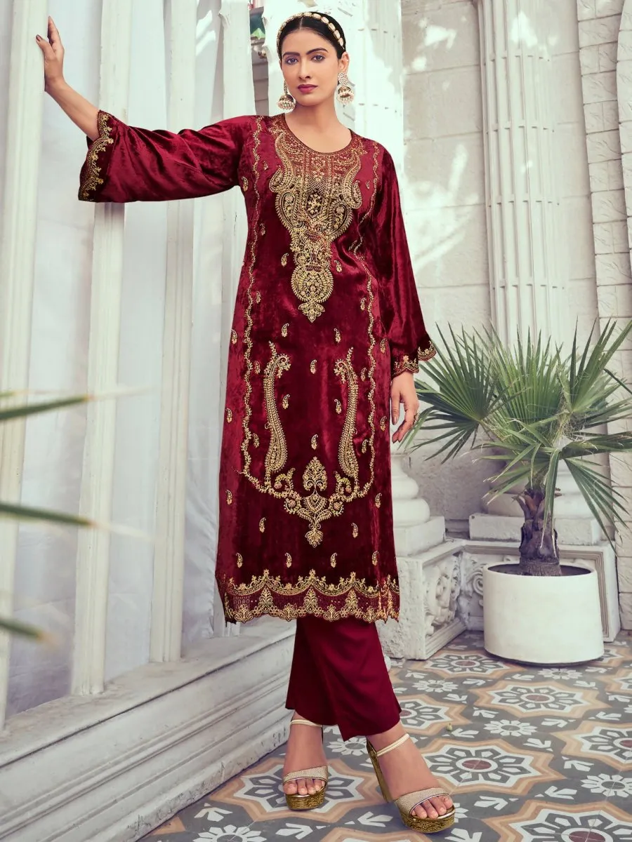 Aastha Fashion Women's Maroon Velvet Cording with Digital Printed Kurta with Trouser & Dupatta