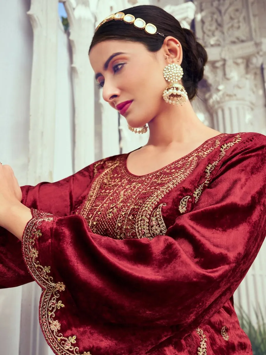 Aastha Fashion Women's Maroon Velvet Cording with Digital Printed Kurta with Trouser & Dupatta