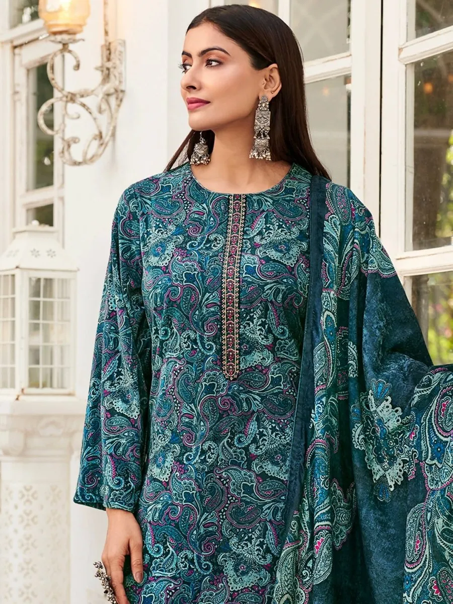 Aastha Fashion Women's Navy Blue Velvet Digital Print with Resham Thread work Kurta with Trouser & Dupatta