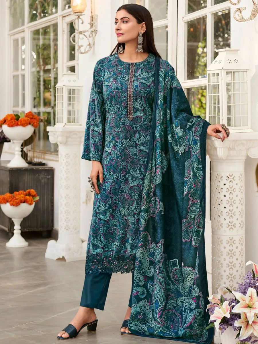 Aastha Fashion Women's Navy Blue Velvet Digital Print with Resham Thread work Kurta with Trouser & Dupatta