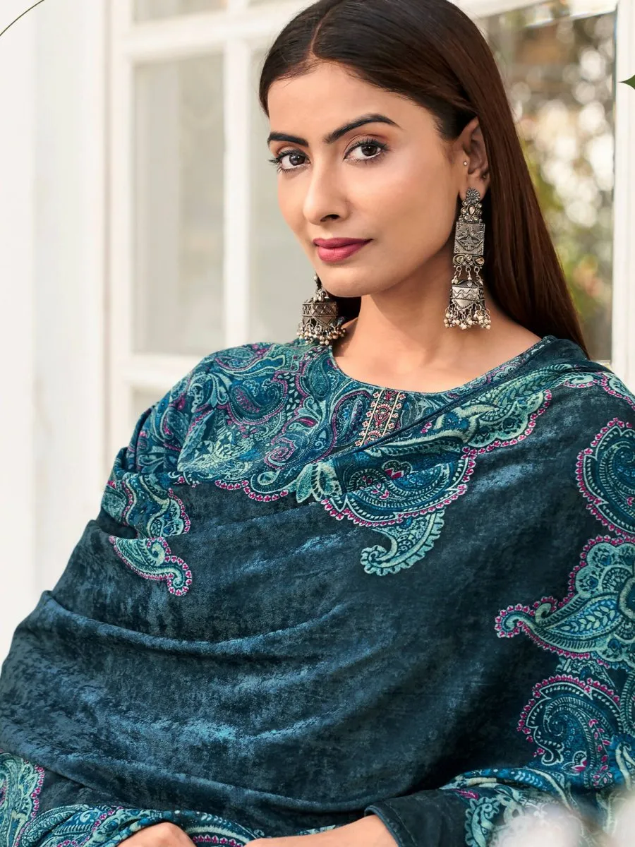Aastha Fashion Women's Navy Blue Velvet Digital Print with Resham Thread work Kurta with Trouser & Dupatta
