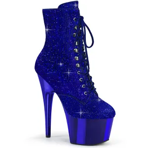 ADORE-1020CHRS Pleaser Royal Blue Bling Lace Up Chrome Platform Ankle Boots