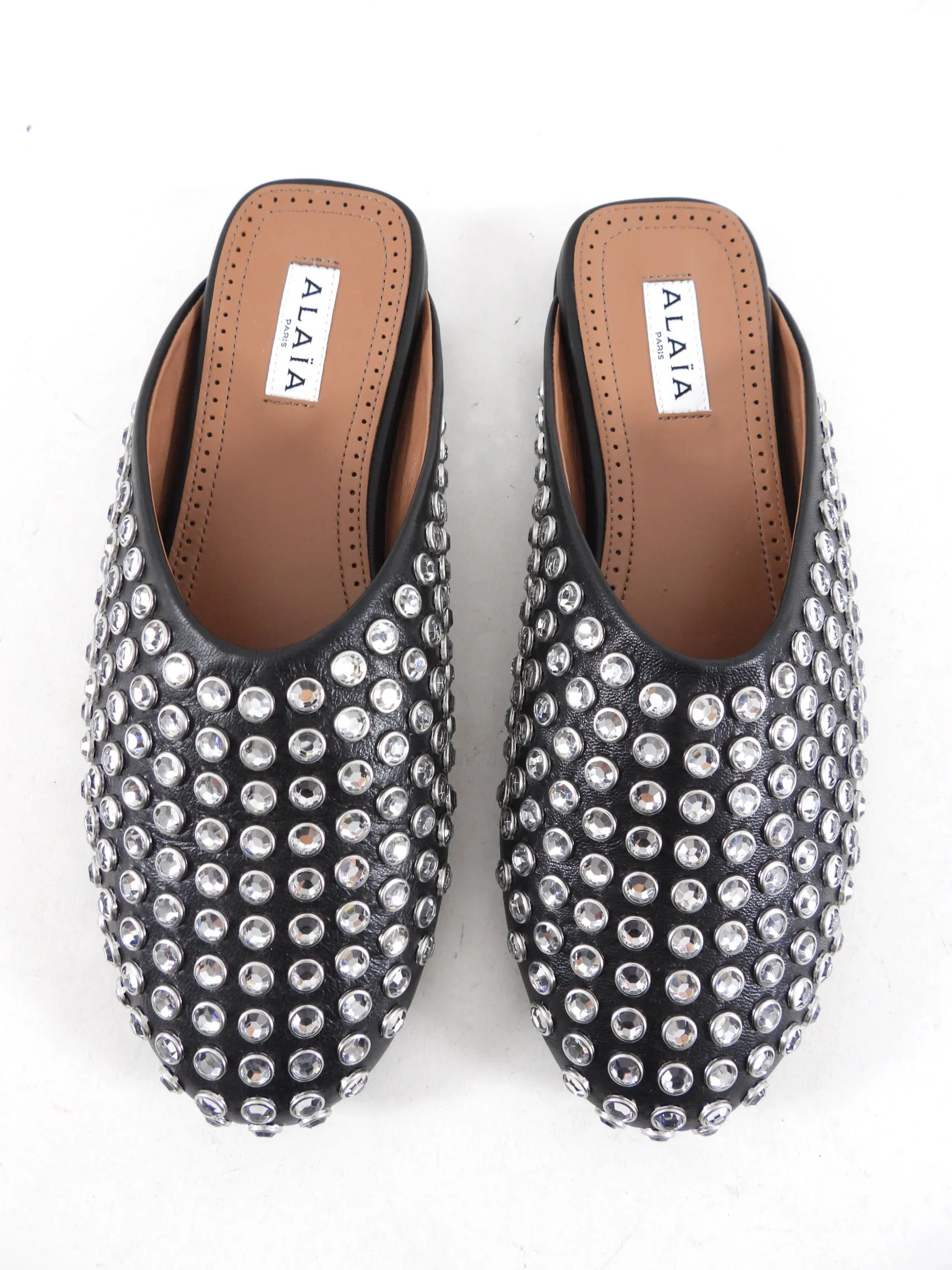 Alaia Black Leather Crystal Stud Flat Mules - 37