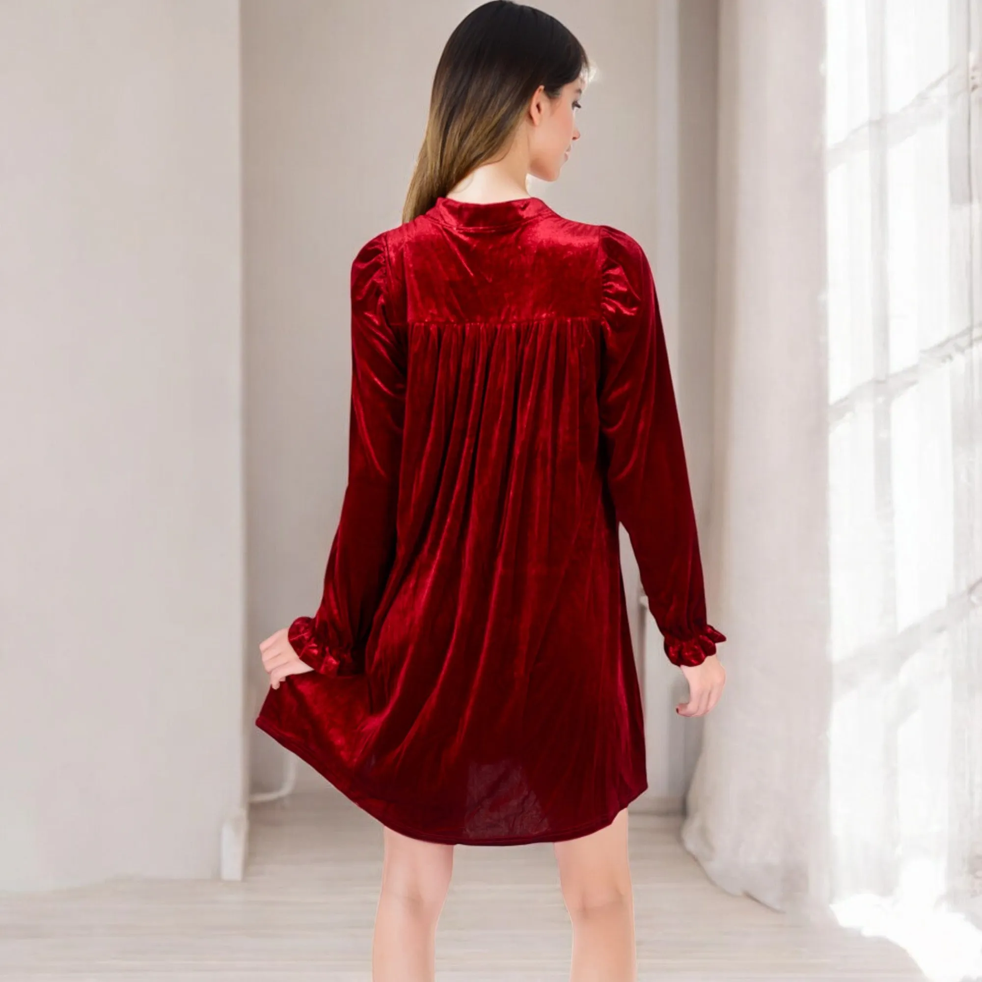 Anna-Kaci Women's Velvet Dress with V-Neck and Long Sleeves