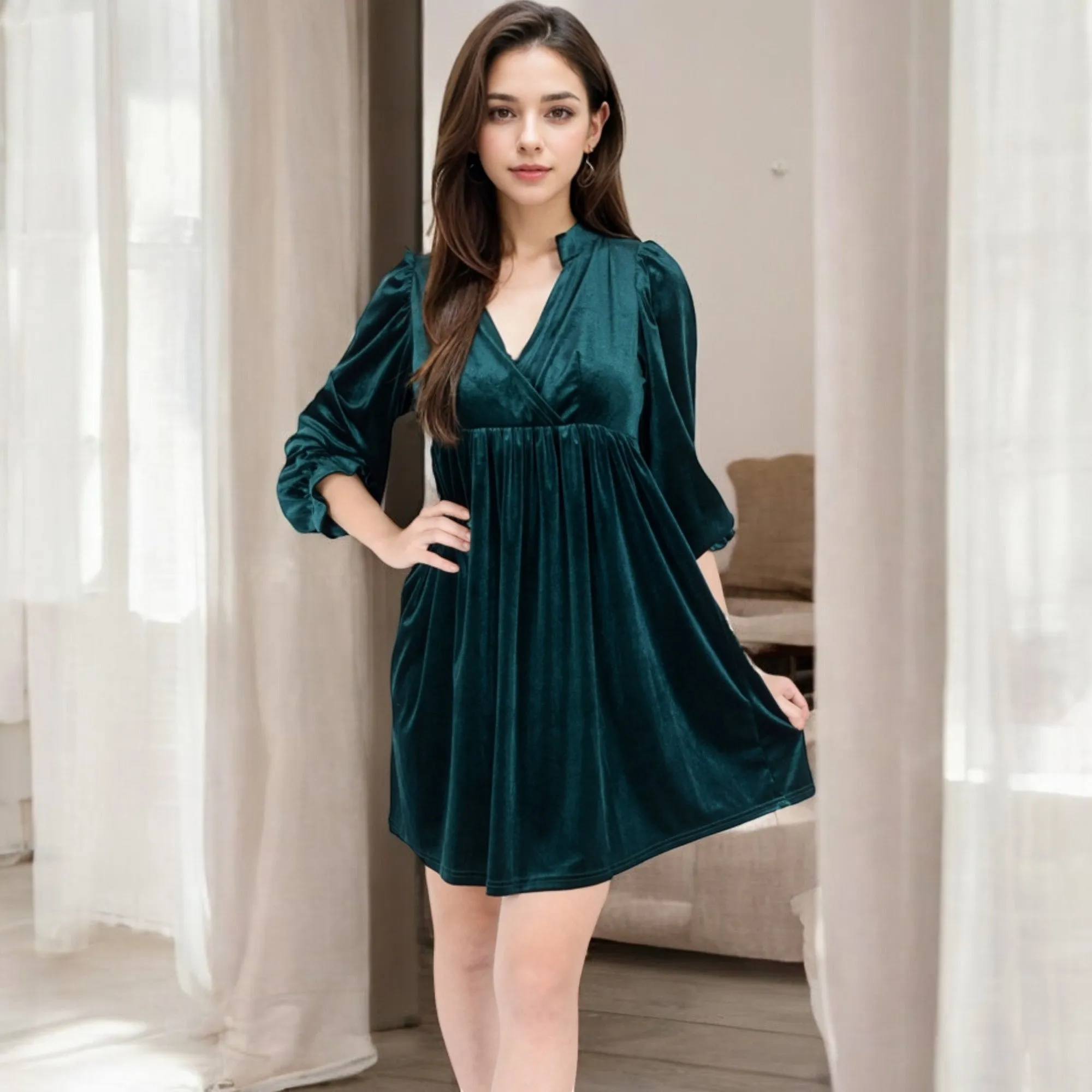 Anna-Kaci Women's Velvet Dress with V-Neck and Long Sleeves