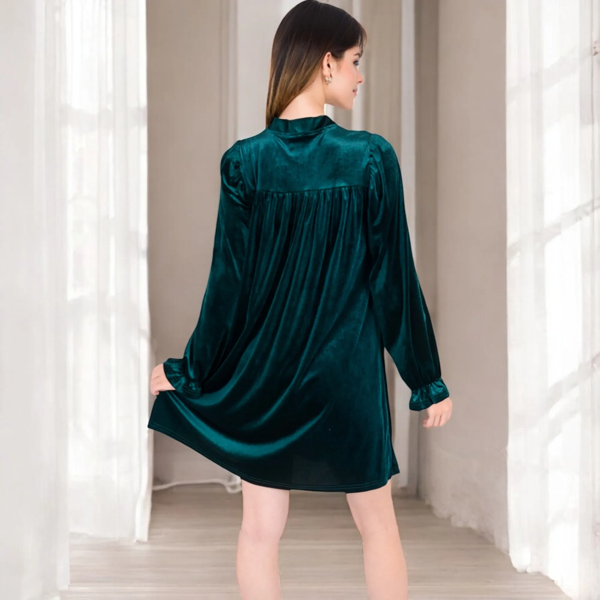 Anna-Kaci Women's Velvet Dress with V-Neck and Long Sleeves