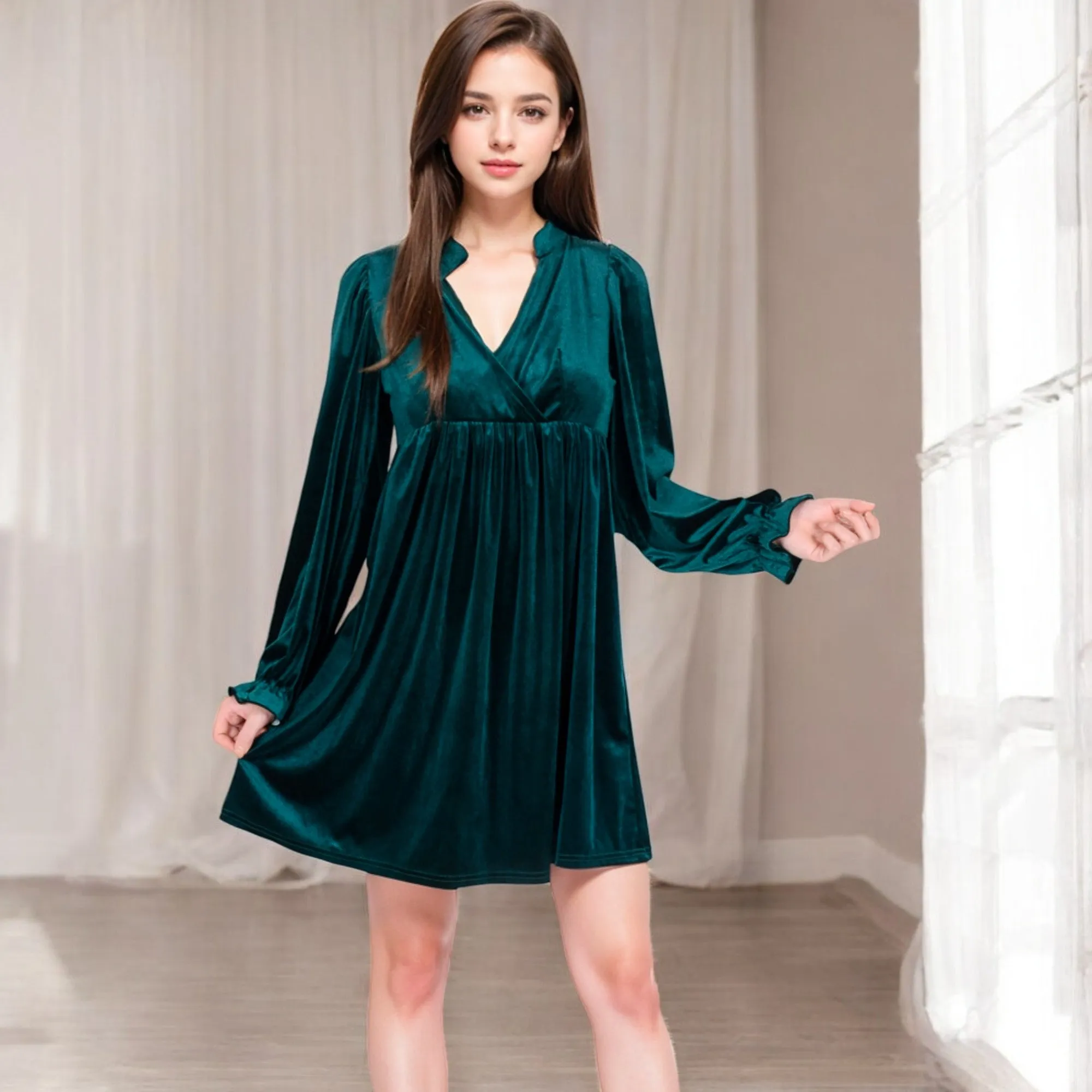 Anna-Kaci Women's Velvet Dress with V-Neck and Long Sleeves