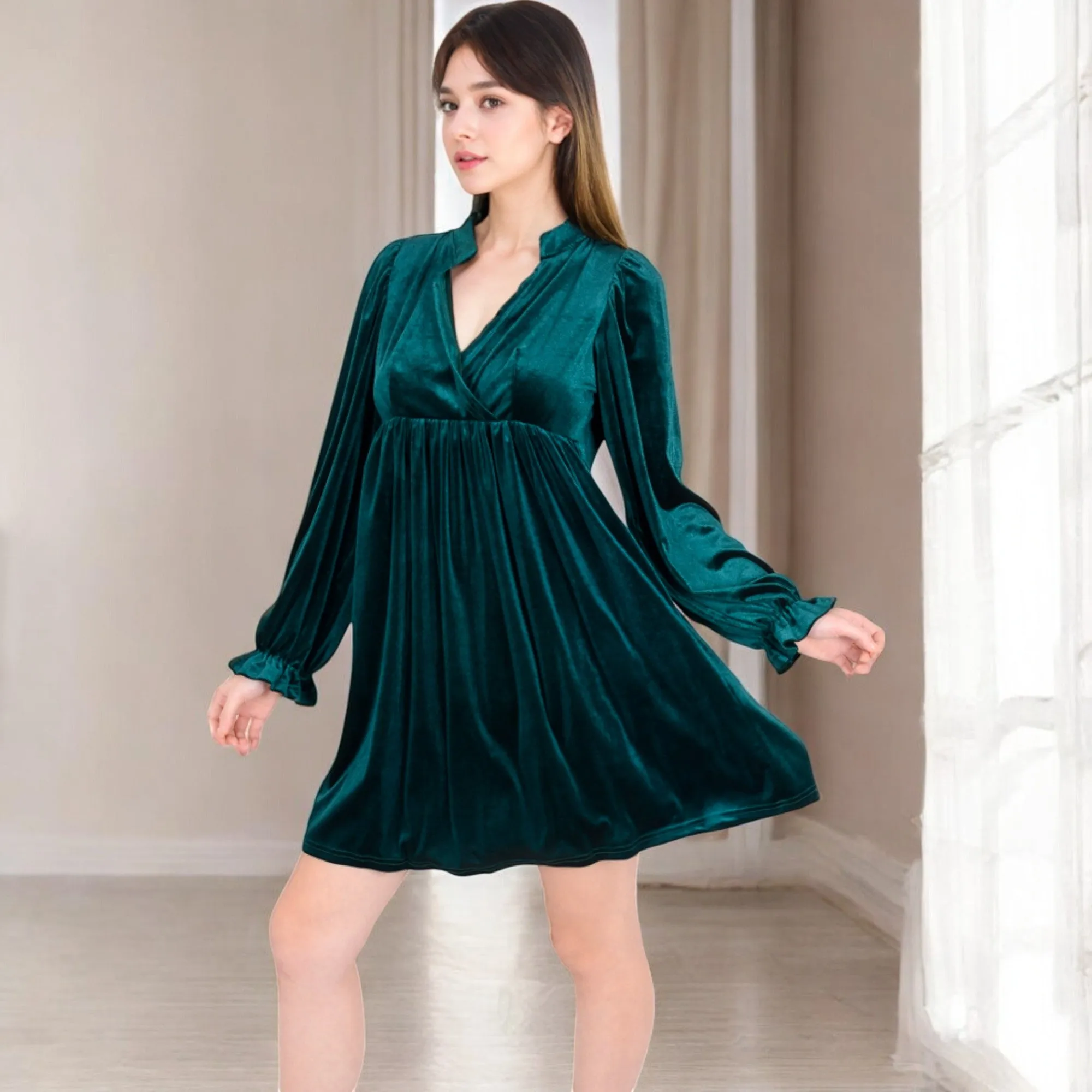 Anna-Kaci Women's Velvet Dress with V-Neck and Long Sleeves