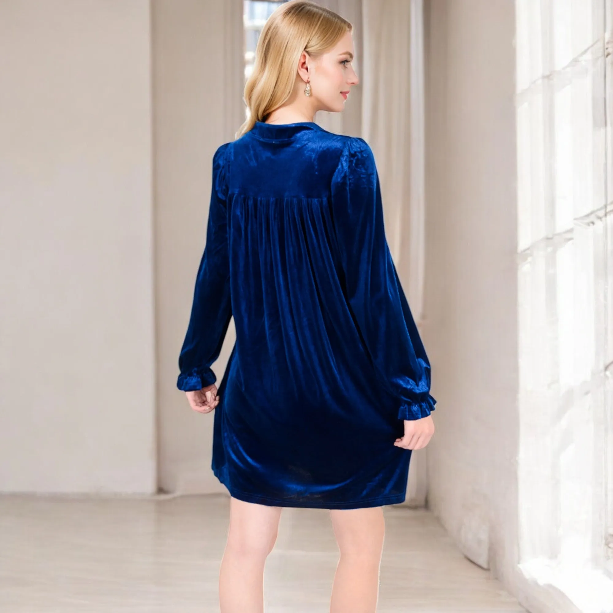 Anna-Kaci Women's Velvet Dress with V-Neck and Long Sleeves