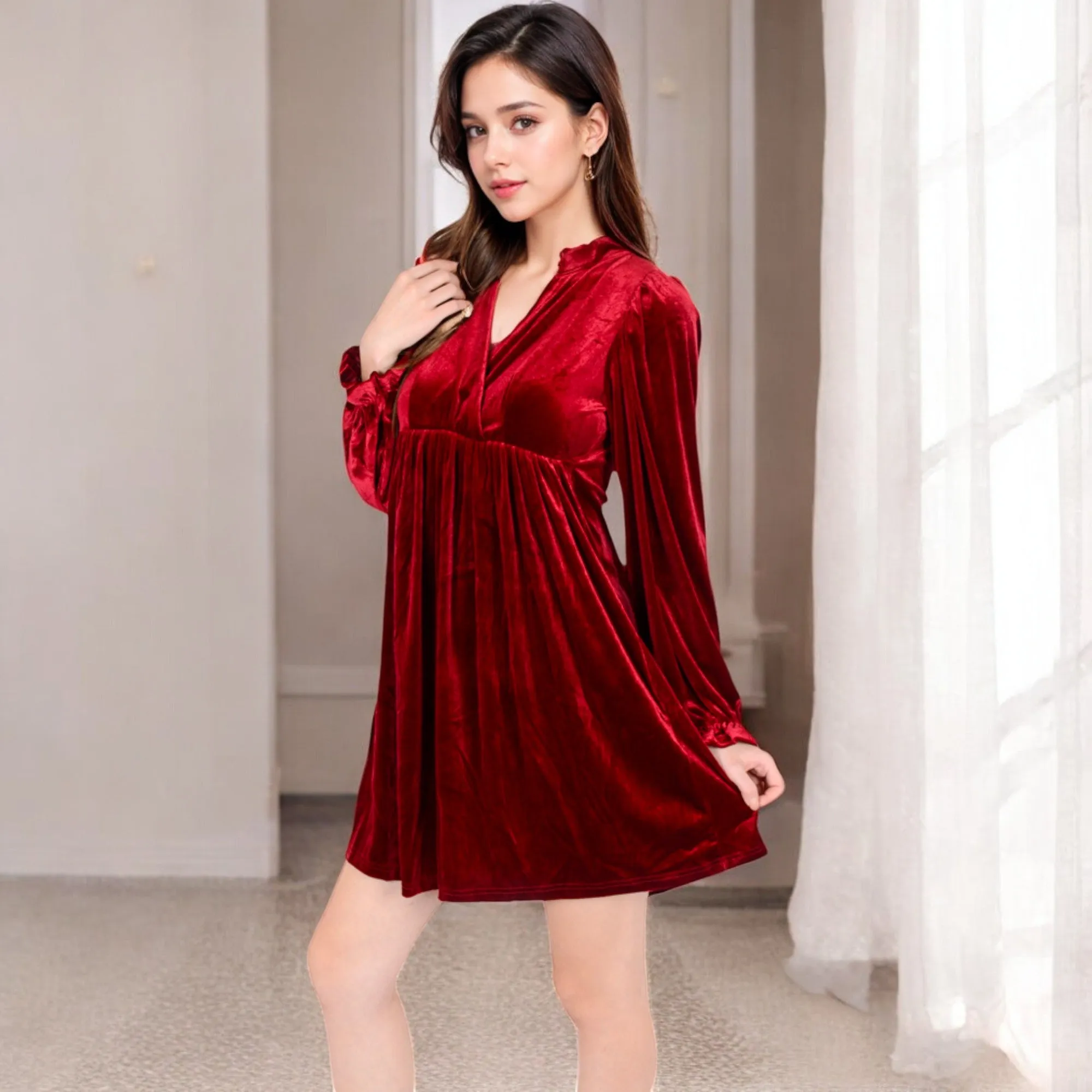 Anna-Kaci Women's Velvet Dress with V-Neck and Long Sleeves