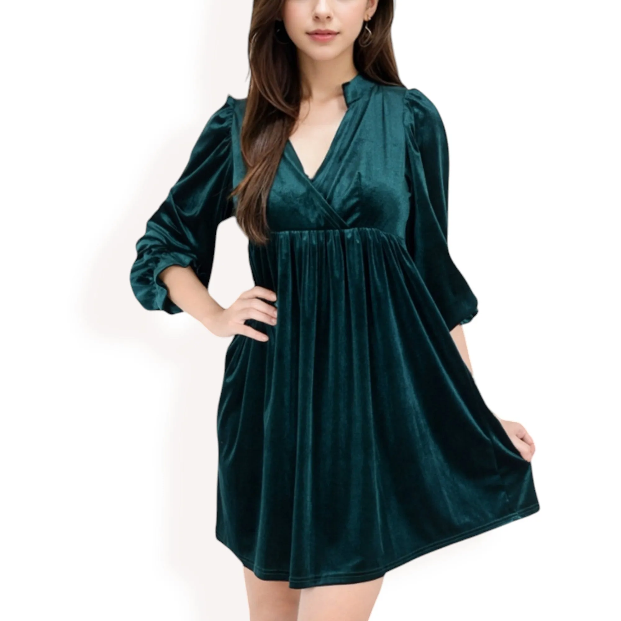 Anna-Kaci Women's Velvet Dress with V-Neck and Long Sleeves