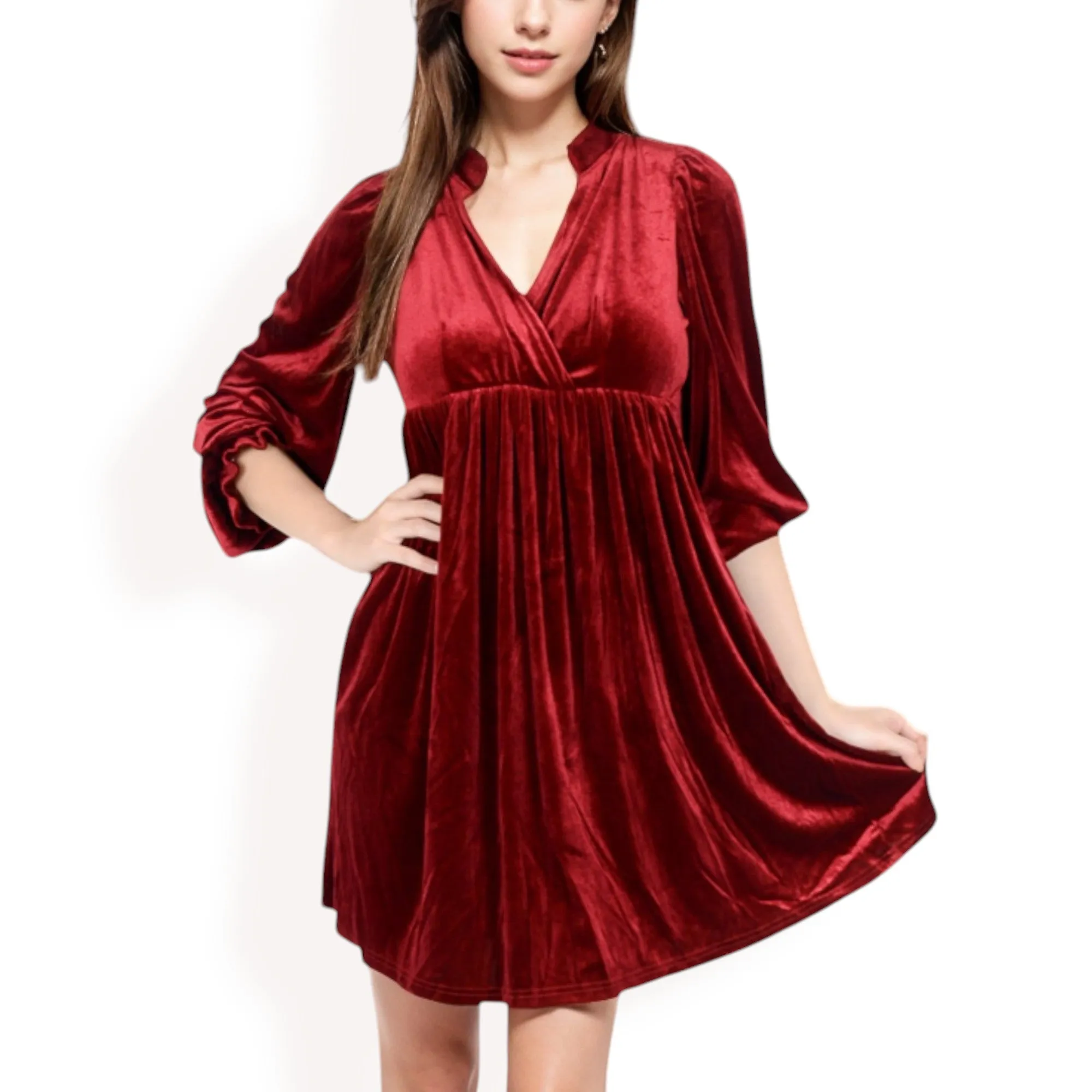 Anna-Kaci Women's Velvet Dress with V-Neck and Long Sleeves