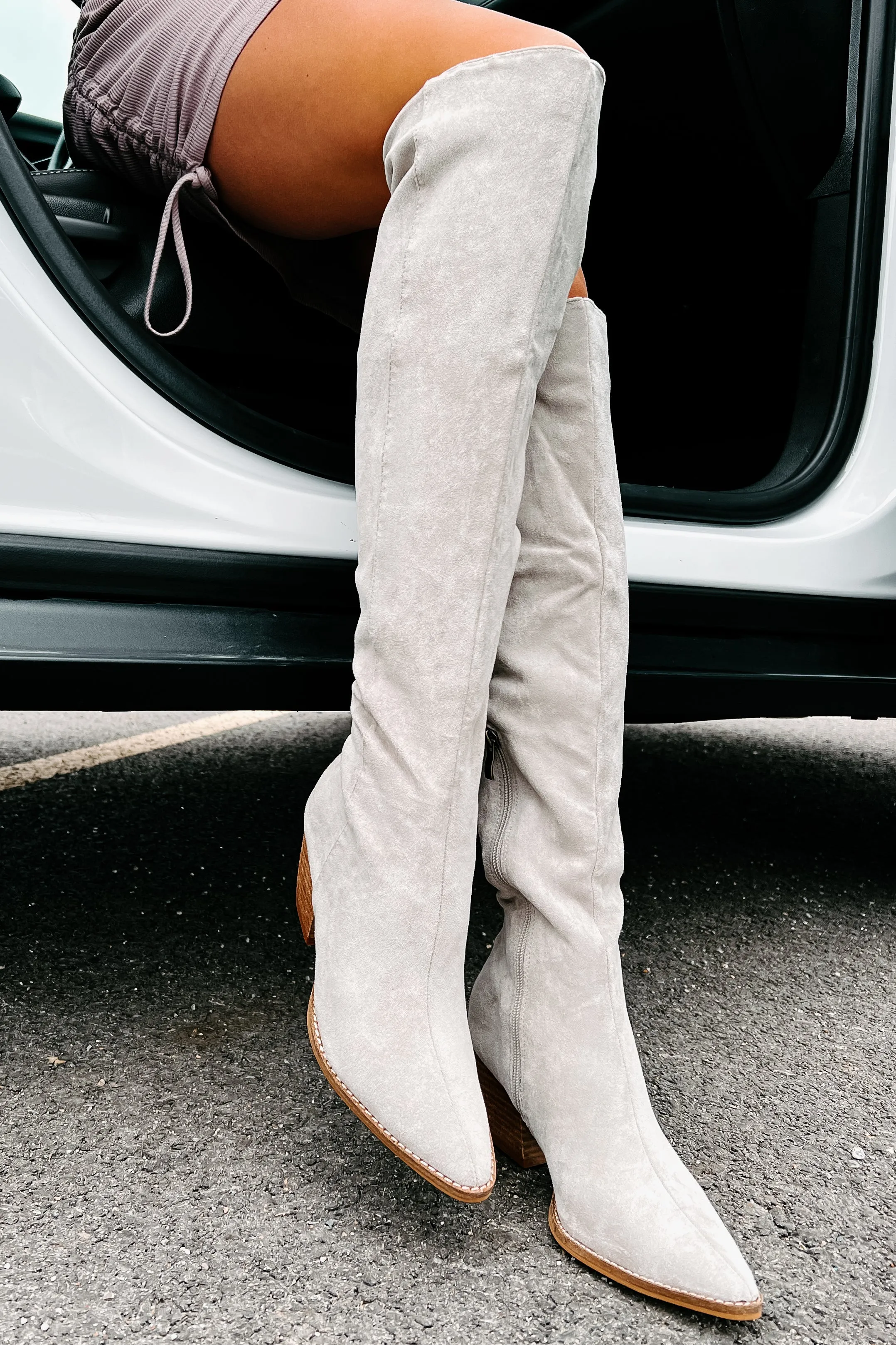 Arisa Faux Suede Over The Knee Boots (Grey)