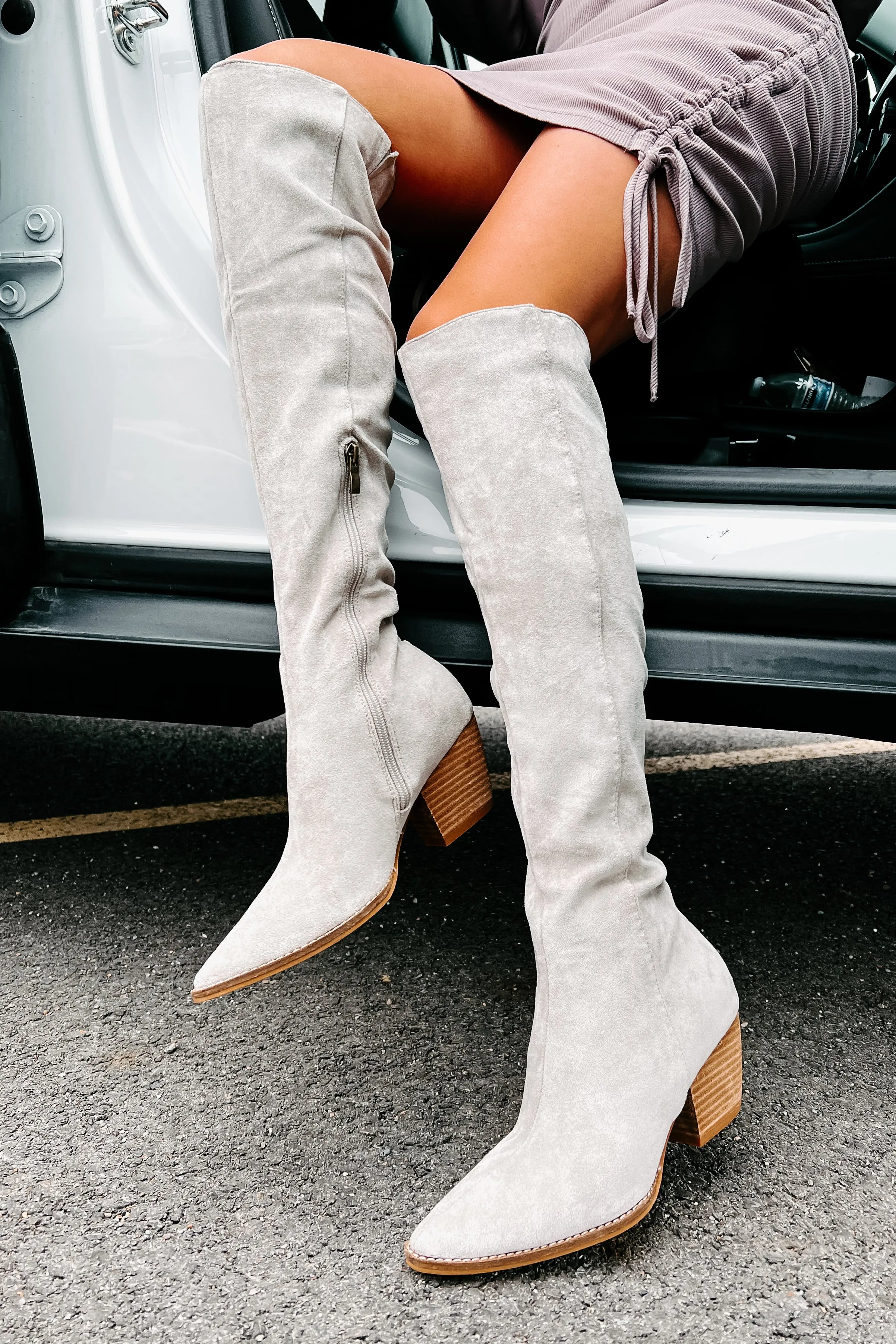 Arisa Faux Suede Over The Knee Boots (Grey)