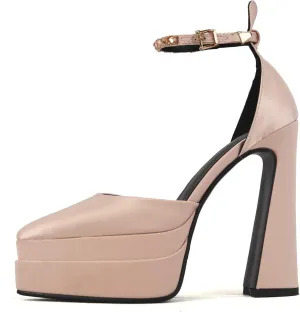 Arqa Women's Platform Heel Pumps Rhinestone Ankle Strap Pointed Toe High Heels Satin Silk Platforms Dress Wedding Shoes