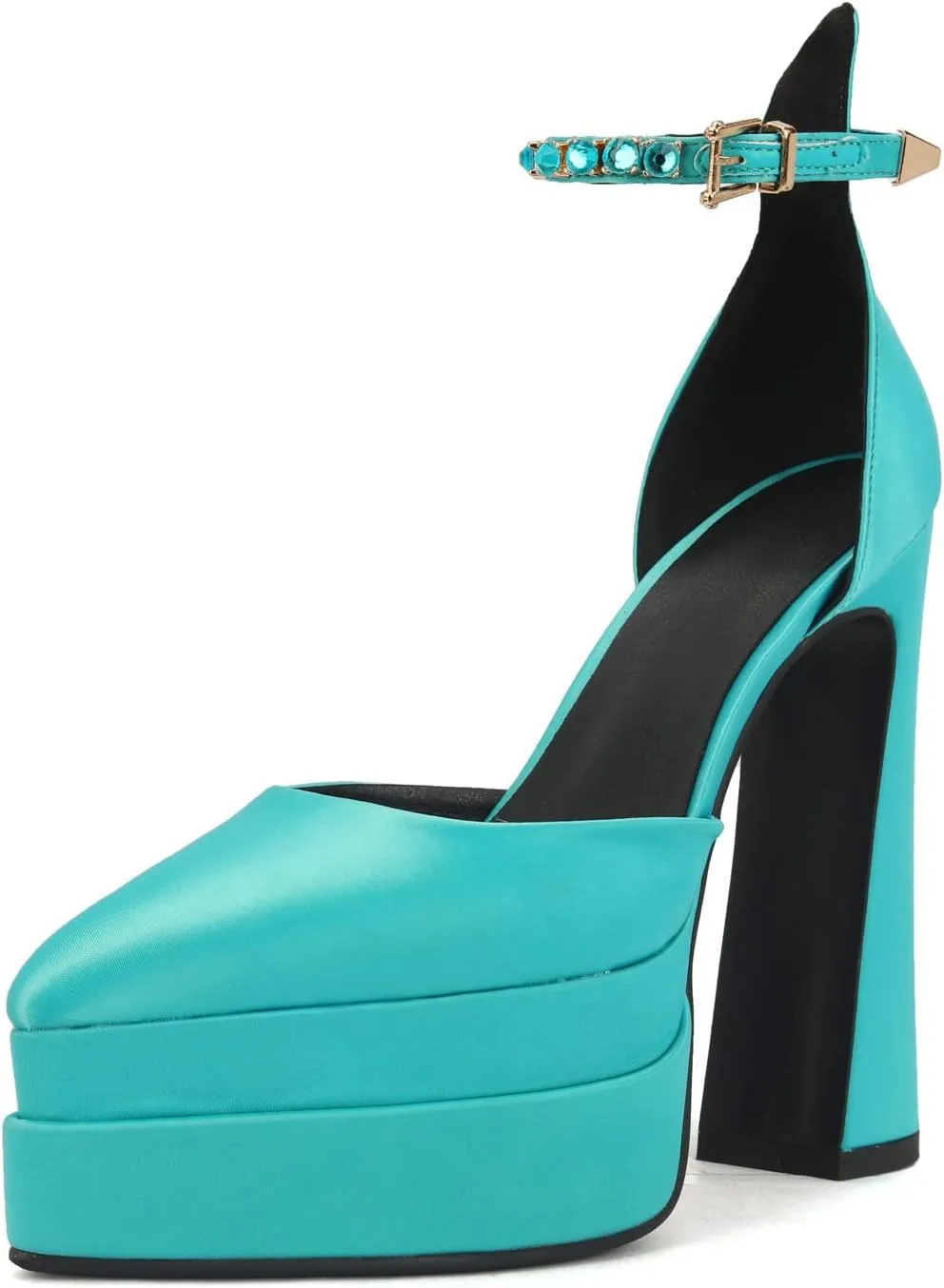 Arqa Women's Platform Heel Pumps Rhinestone Ankle Strap Pointed Toe High Heels Satin Silk Platforms Dress Wedding Shoes