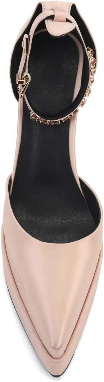 Arqa Women's Platform Heel Pumps Rhinestone Ankle Strap Pointed Toe High Heels Satin Silk Platforms Dress Wedding Shoes