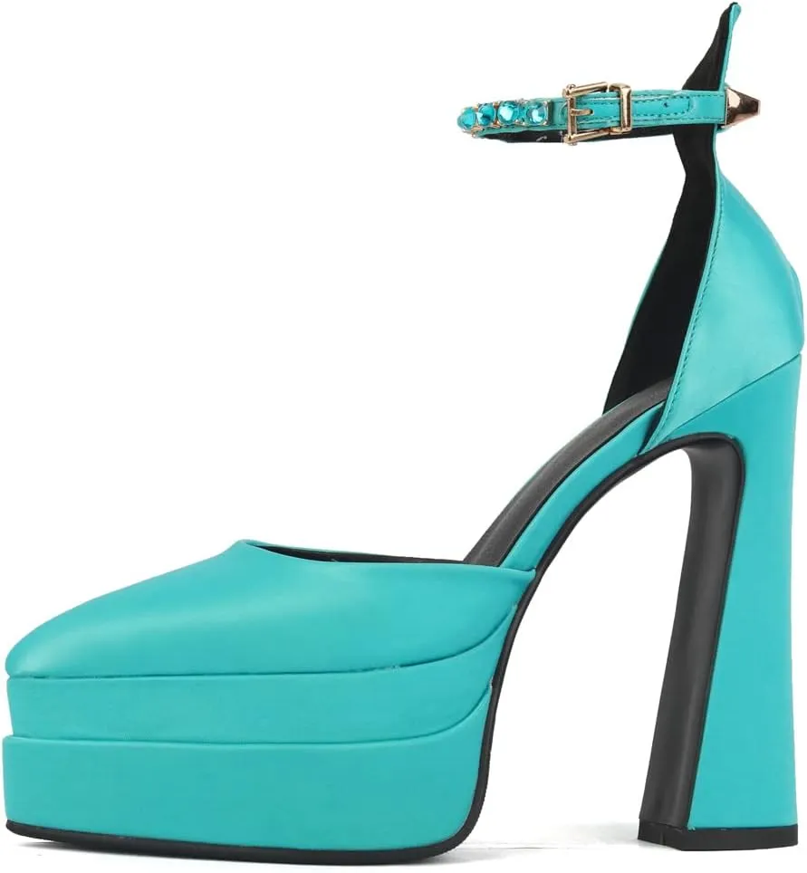 Arqa Women's Platform Heel Pumps Rhinestone Ankle Strap Pointed Toe High Heels Satin Silk Platforms Dress Wedding Shoes
