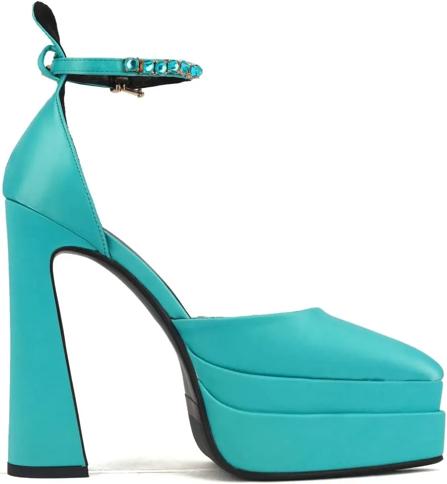 Arqa Women's Platform Heel Pumps Rhinestone Ankle Strap Pointed Toe High Heels Satin Silk Platforms Dress Wedding Shoes