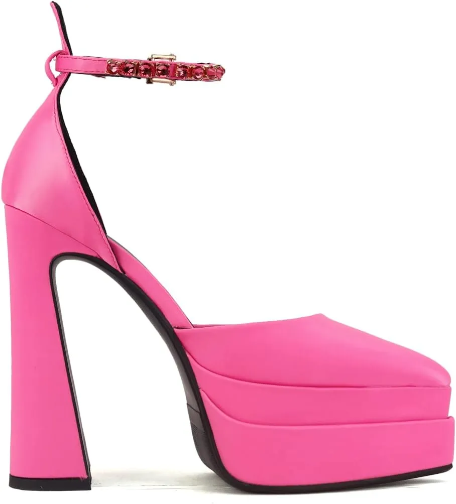 Arqa Women's Platform Heel Pumps Rhinestone Ankle Strap Pointed Toe High Heels Satin Silk Platforms Dress Wedding Shoes
