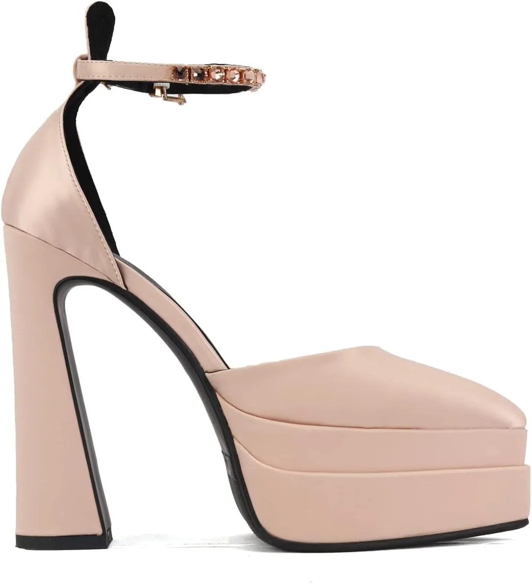 Arqa Women's Platform Heel Pumps Rhinestone Ankle Strap Pointed Toe High Heels Satin Silk Platforms Dress Wedding Shoes