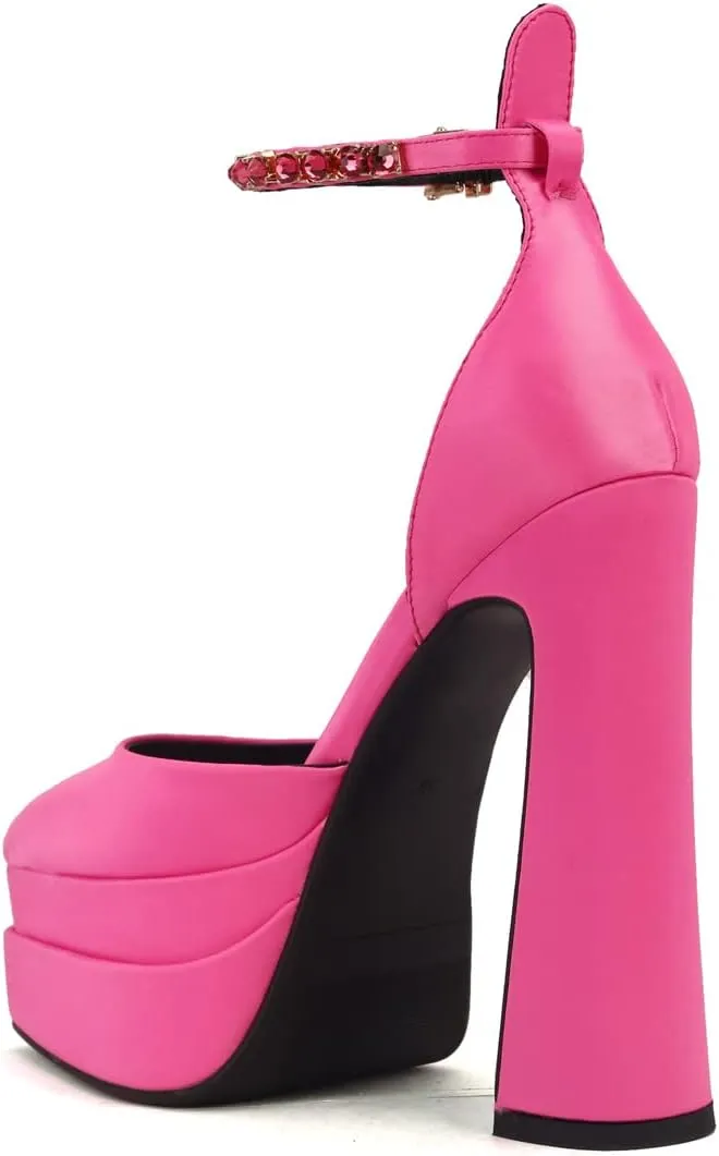 Arqa Women's Platform Heel Pumps Rhinestone Ankle Strap Pointed Toe High Heels Satin Silk Platforms Dress Wedding Shoes