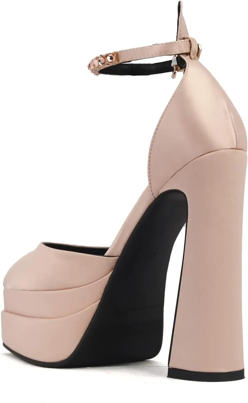 Arqa Women's Platform Heel Pumps Rhinestone Ankle Strap Pointed Toe High Heels Satin Silk Platforms Dress Wedding Shoes