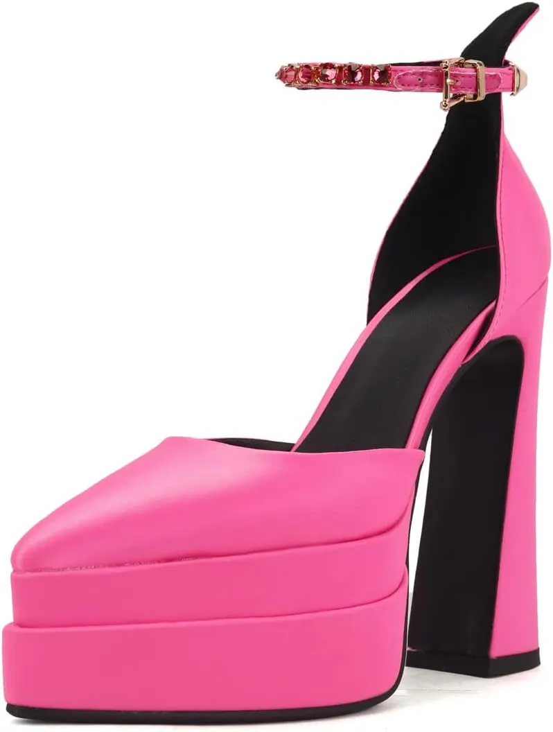 Arqa Women's Platform Heel Pumps Rhinestone Ankle Strap Pointed Toe High Heels Satin Silk Platforms Dress Wedding Shoes