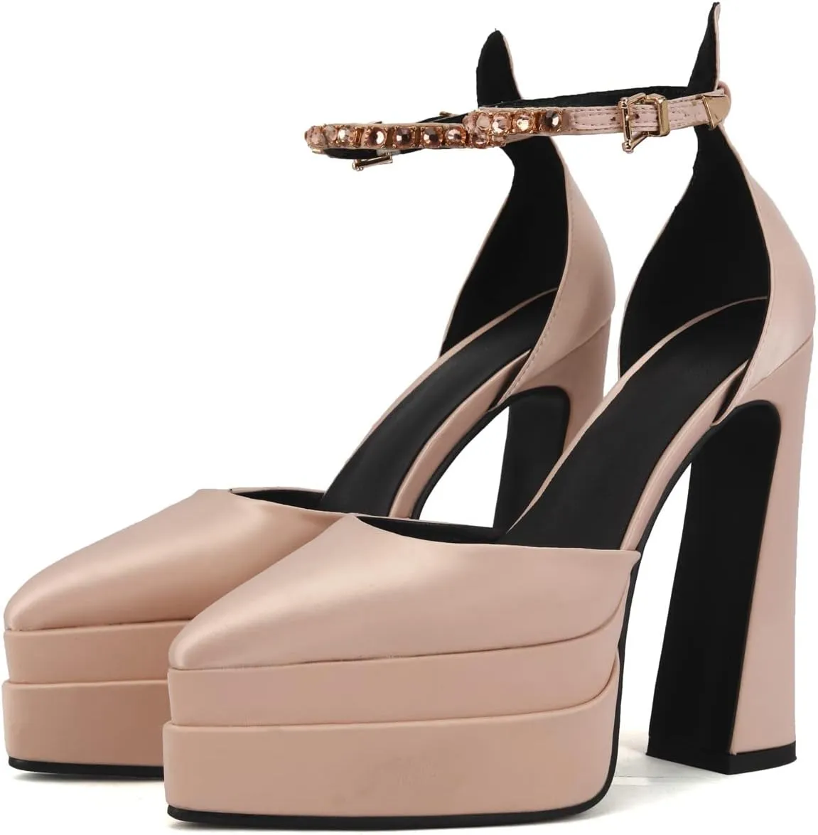 Arqa Women's Platform Heel Pumps Rhinestone Ankle Strap Pointed Toe High Heels Satin Silk Platforms Dress Wedding Shoes