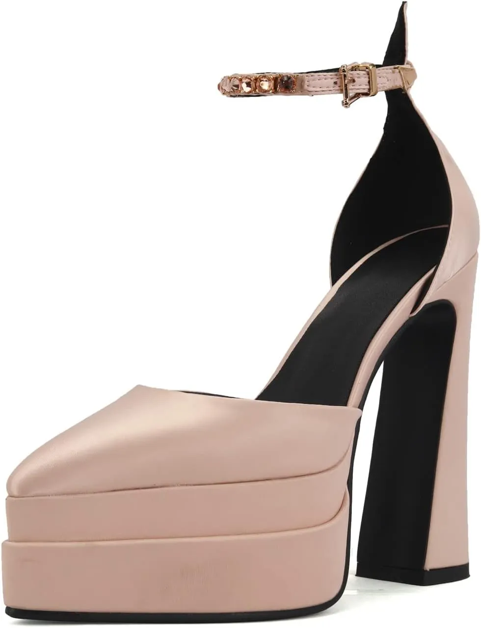 Arqa Women's Platform Heel Pumps Rhinestone Ankle Strap Pointed Toe High Heels Satin Silk Platforms Dress Wedding Shoes