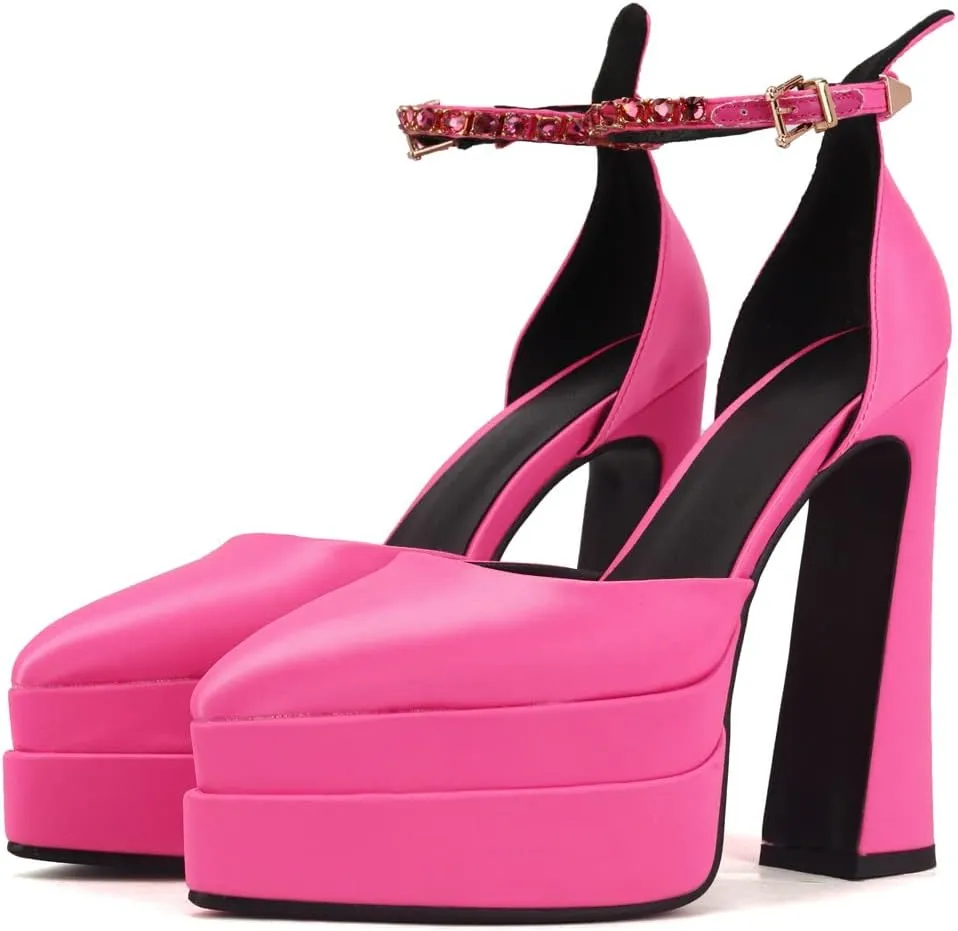 Arqa Women's Platform Heel Pumps Rhinestone Ankle Strap Pointed Toe High Heels Satin Silk Platforms Dress Wedding Shoes