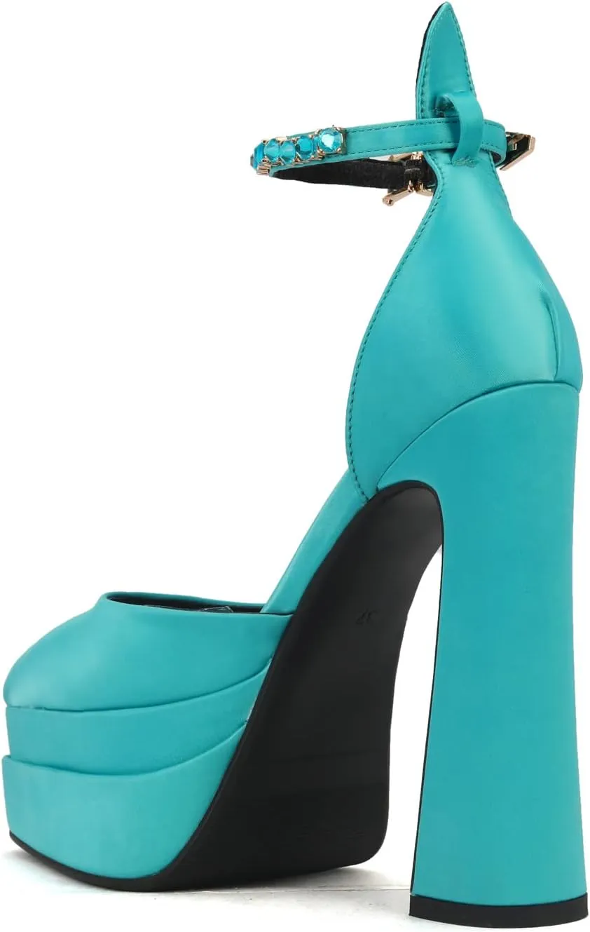 Arqa Women's Platform Heel Pumps Rhinestone Ankle Strap Pointed Toe High Heels Satin Silk Platforms Dress Wedding Shoes