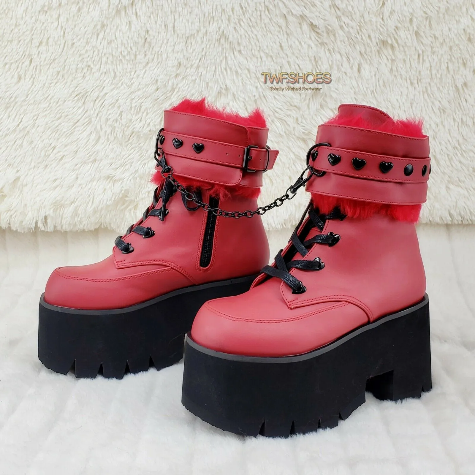 Ashes 57 RED Heart Studs 3.5" Platform Goth Boots Fur Lined Cuffs & Chain NY