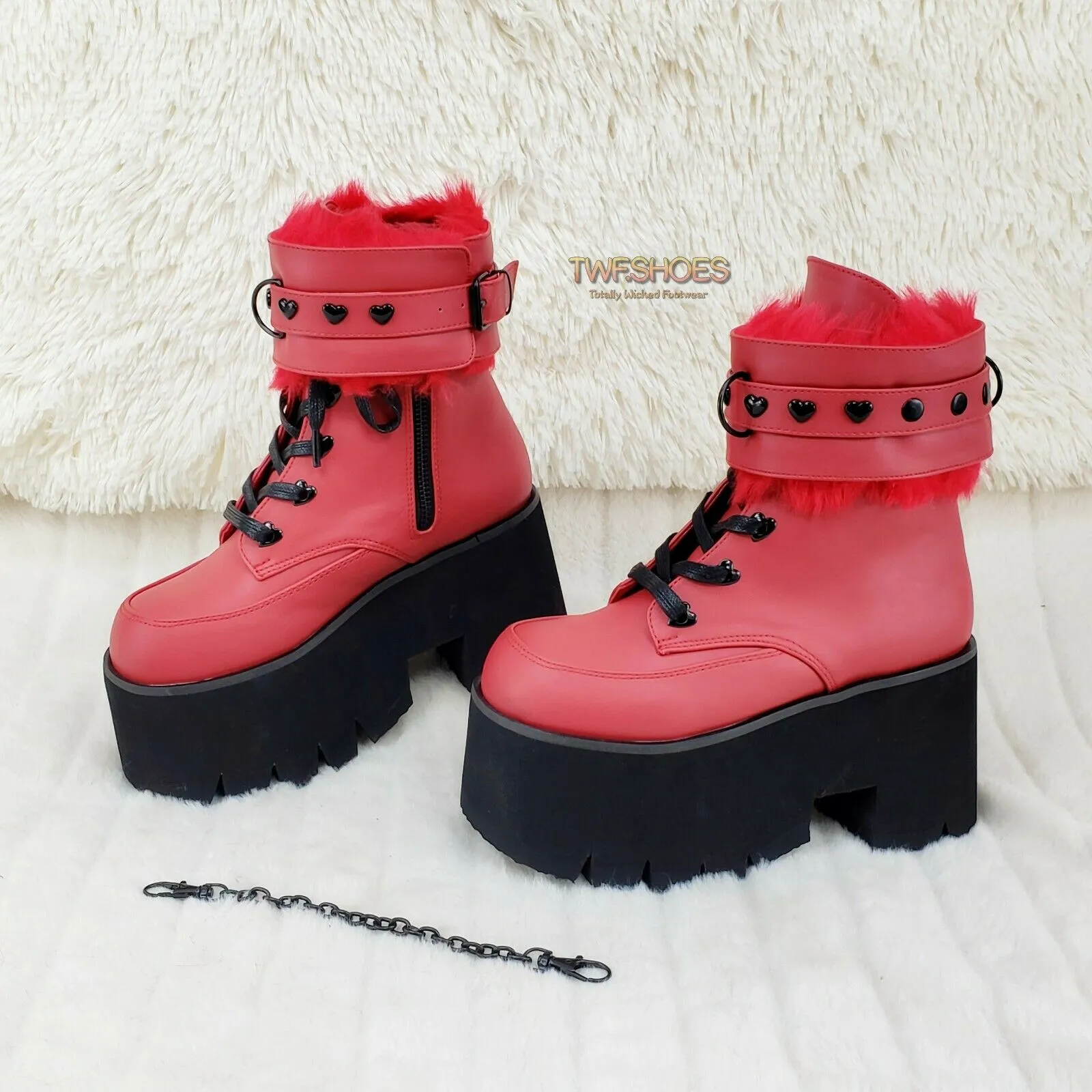 Ashes 57 RED Heart Studs 3.5" Platform Goth Boots Fur Lined Cuffs & Chain NY