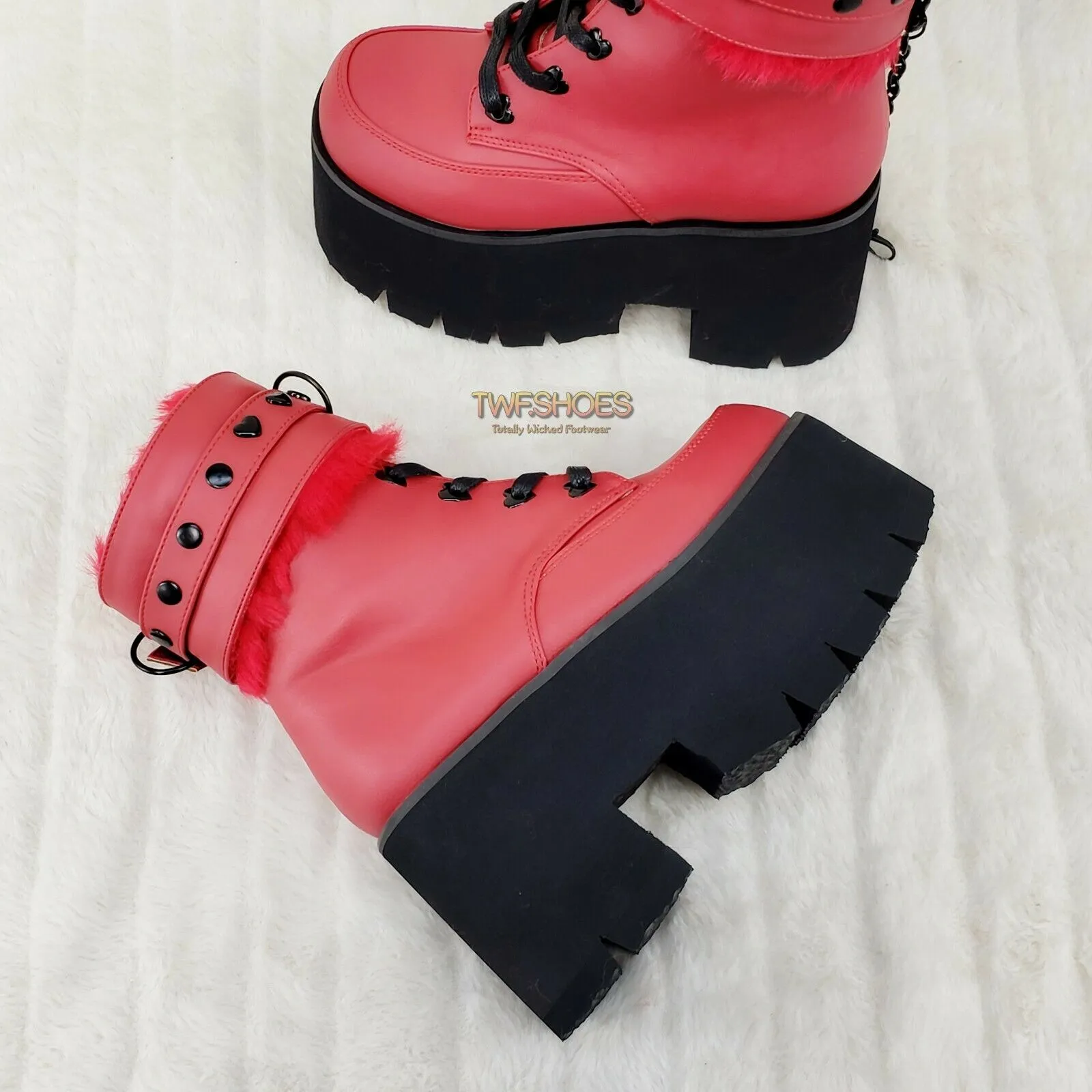 Ashes 57 RED Heart Studs 3.5" Platform Goth Boots Fur Lined Cuffs & Chain NY