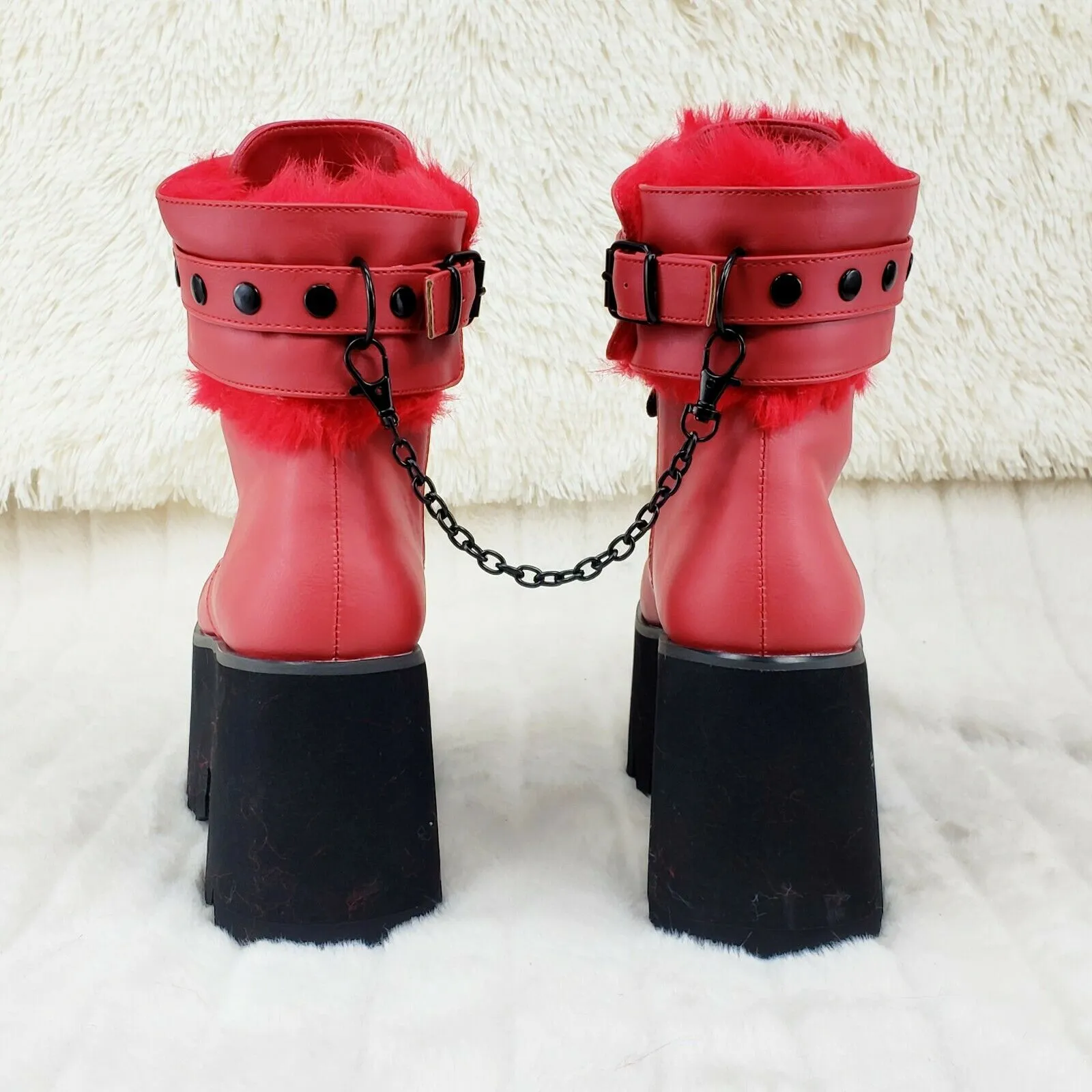 Ashes 57 RED Heart Studs 3.5" Platform Goth Boots Fur Lined Cuffs & Chain NY