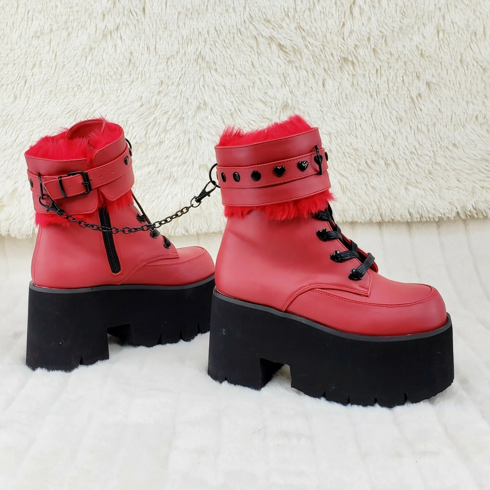 Ashes 57 RED Heart Studs 3.5" Platform Goth Boots Fur Lined Cuffs & Chain NY
