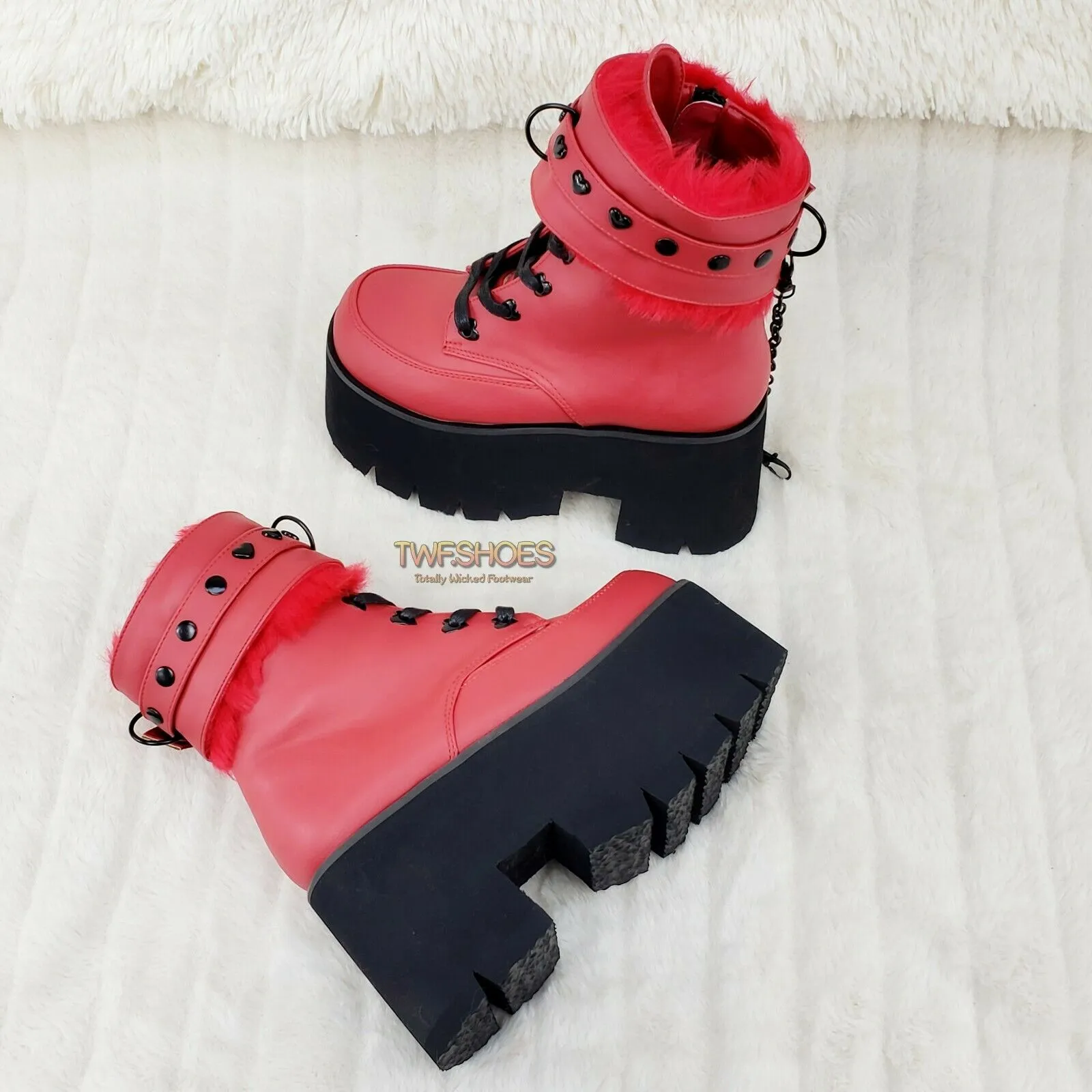 Ashes 57 RED Heart Studs 3.5" Platform Goth Boots Fur Lined Cuffs & Chain NY