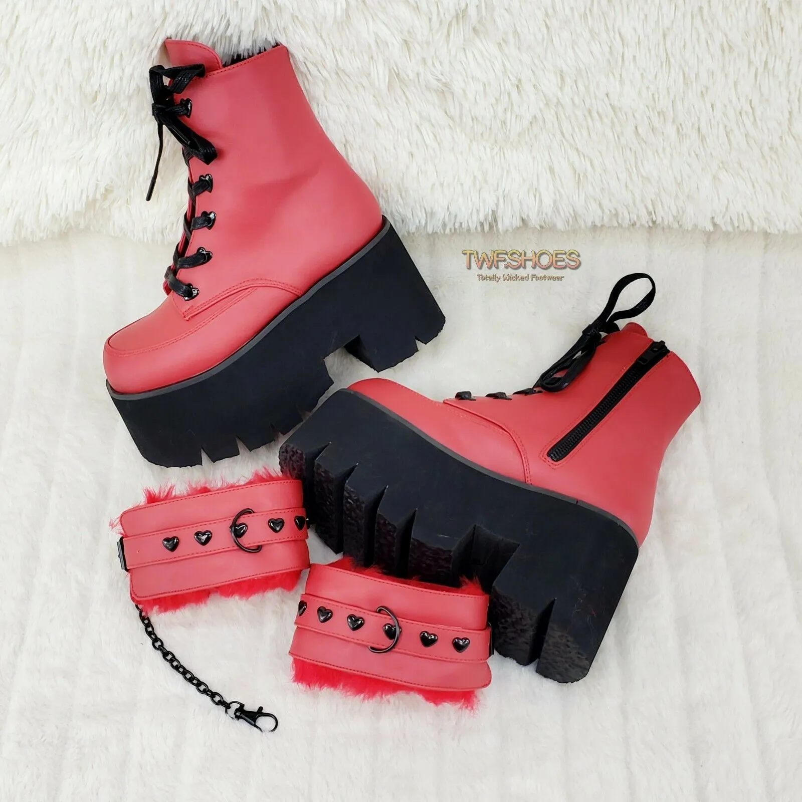Ashes 57 RED Heart Studs 3.5" Platform Goth Boots Fur Lined Cuffs & Chain NY