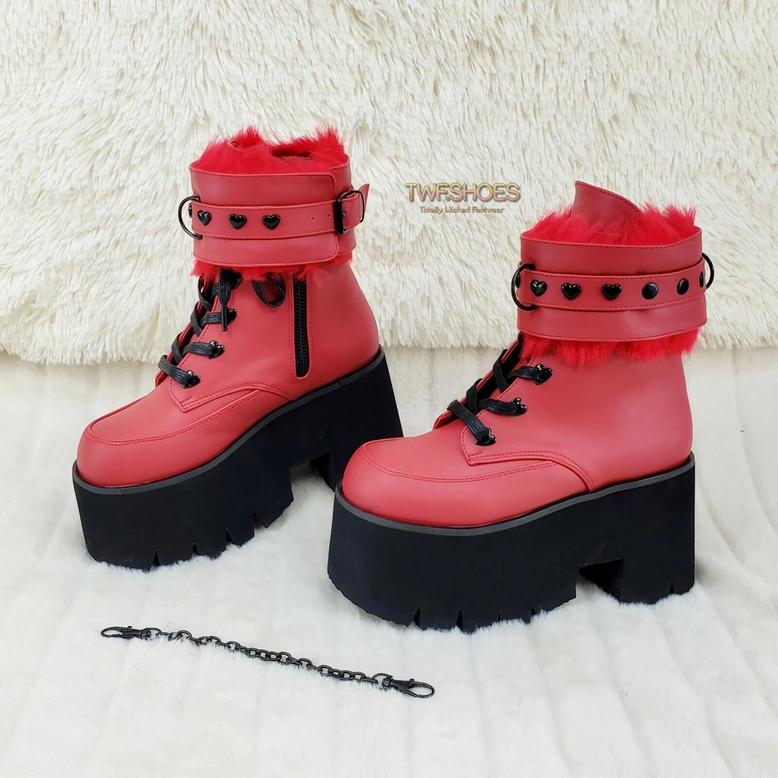 Ashes 57 RED Heart Studs 3.5" Platform Goth Boots Fur Lined Cuffs & Chain NY