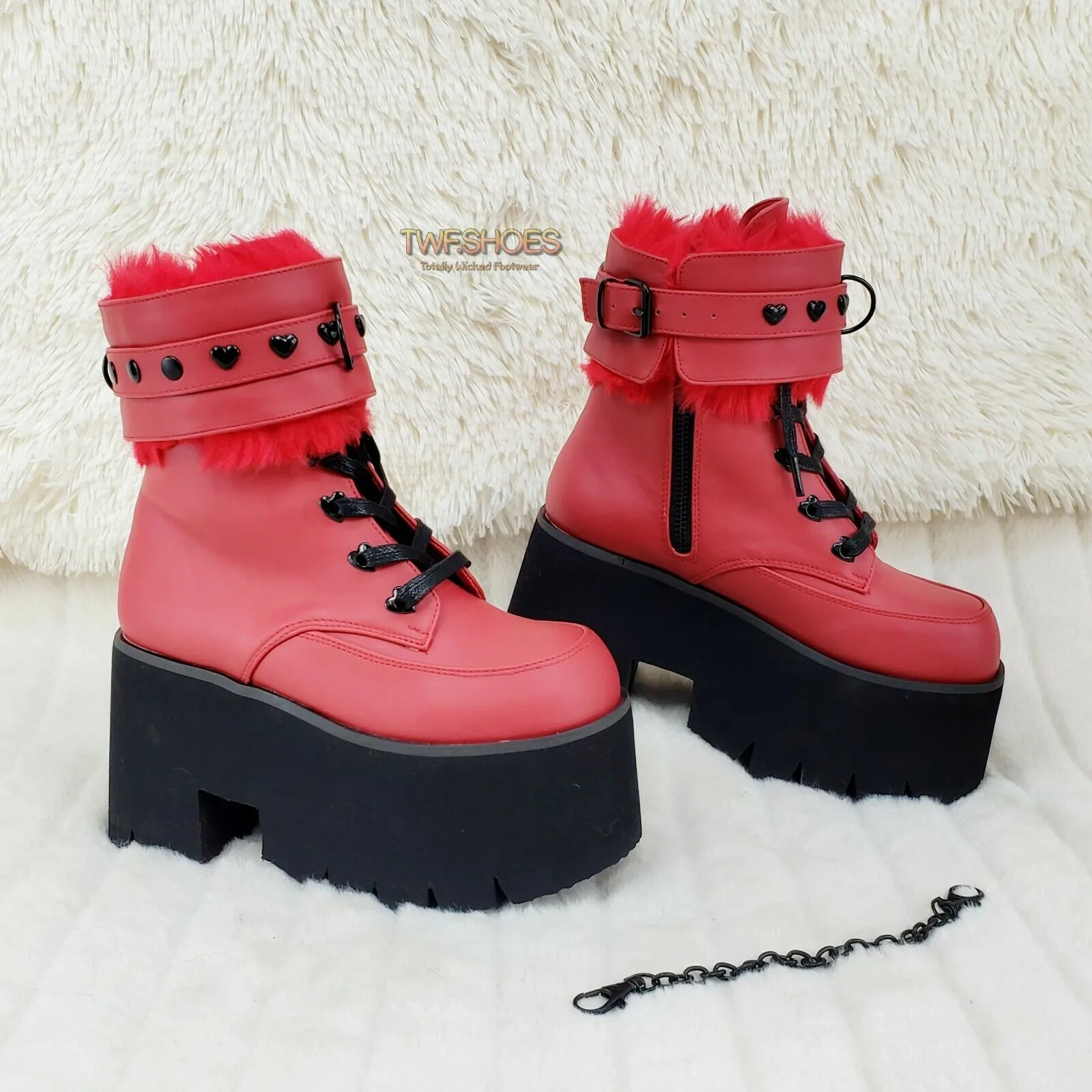Ashes 57 RED Heart Studs 3.5" Platform Goth Boots Fur Lined Cuffs & Chain NY