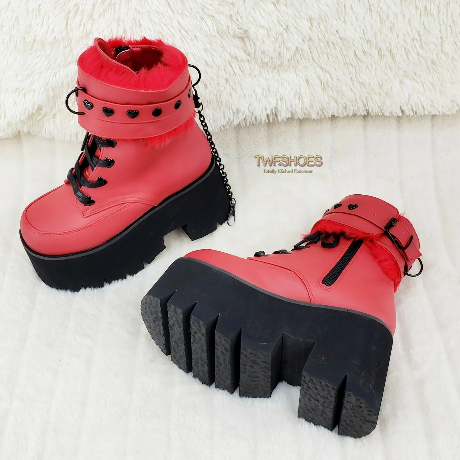 Ashes 57 RED Heart Studs 3.5" Platform Goth Boots Fur Lined Cuffs & Chain NY
