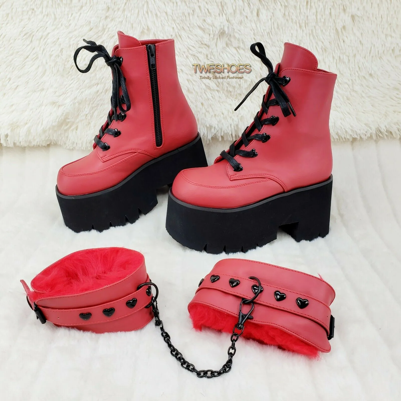 Ashes 57 RED Heart Studs 3.5" Platform Goth Boots Fur Lined Cuffs & Chain NY